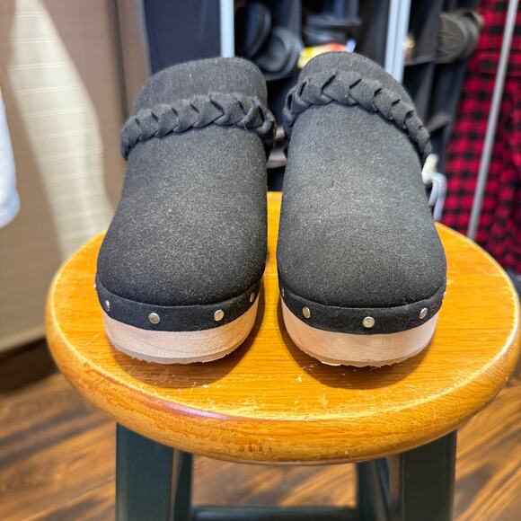 J Crew Black Wooden Clogs Faux Suede With Braided Strap Size 8 - Picture 3 of 10